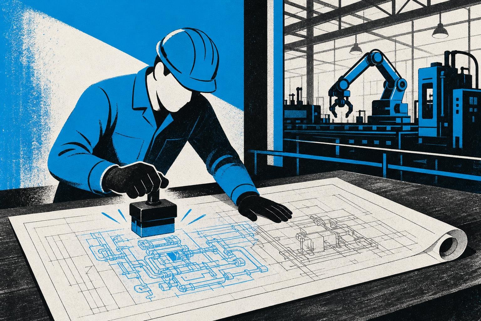 A factory worker stamps approval on a blueprint, but invisible ink underneath the stamp reveals additional machinery instructions that weren't part of the original design.