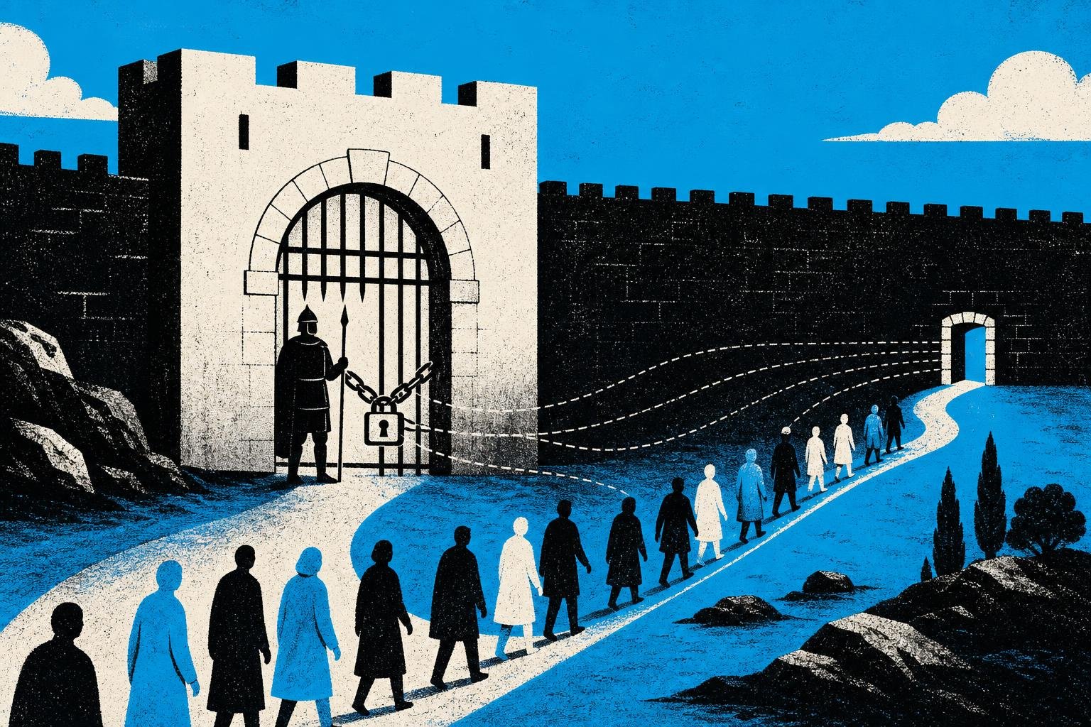 A locked gate with a guard stands firm, but invisible threads redirect travelers around it to a hidden backdoor in the fortress wall.
