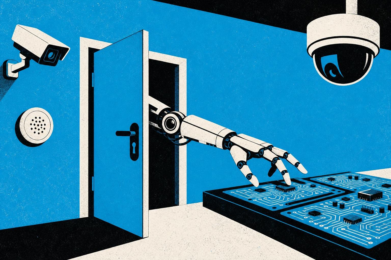 A robotic hand reaches through an unlocked security door, its fingers extending toward glowing circuit boards while alarms remain silent.