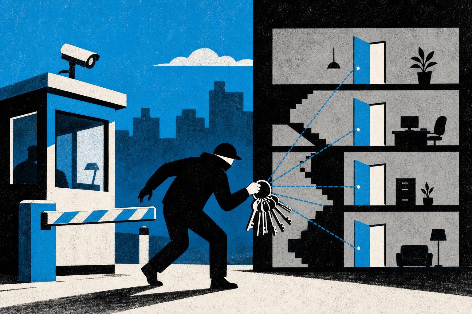 A thief slips past a guard booth by accessing the master keyring instead of the single key intended for today's delivery, opening every door in the building.