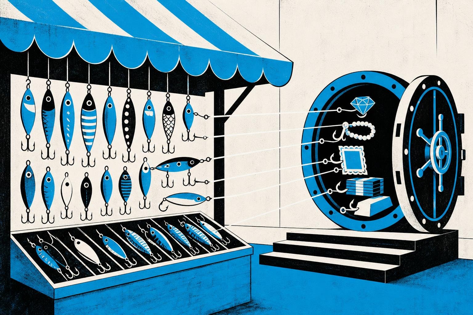 A marketplace stall overflows with glittering fishing lures—each one concealing tiny hooks that pierce through to steal treasures from an unguarded vault behind.