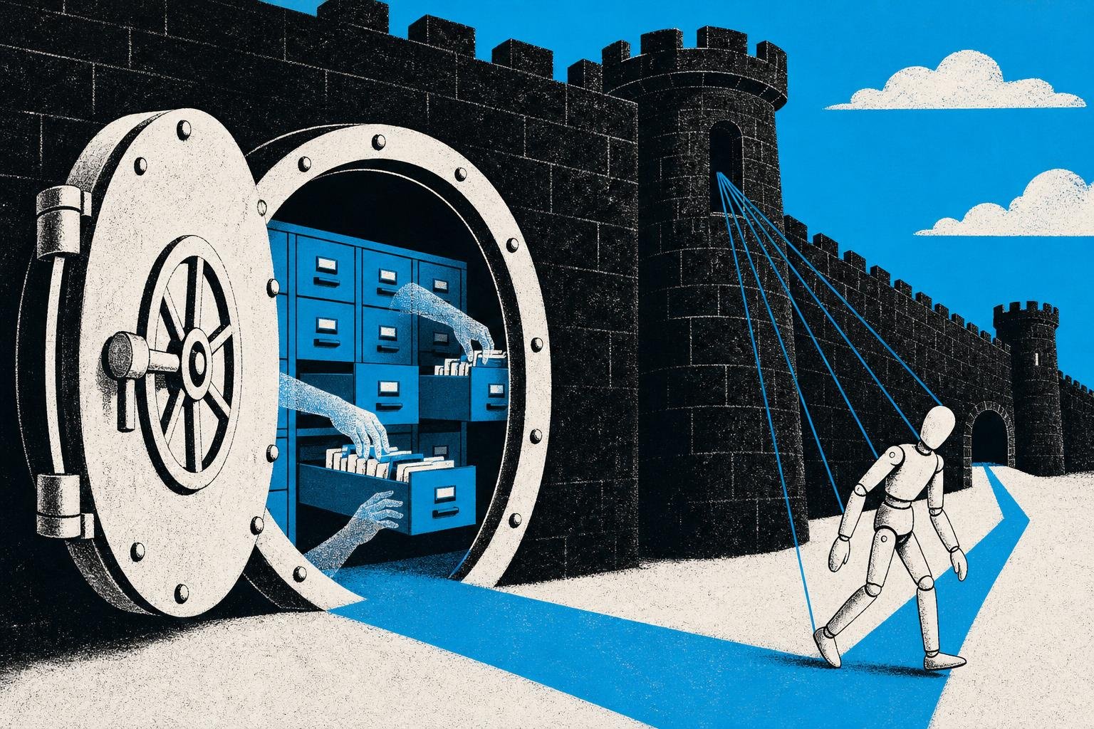 A vault door stands ajar while invisible hands rifle through filing cabinets; a puppet's strings lead toward shadowy corridors inside fortress walls.