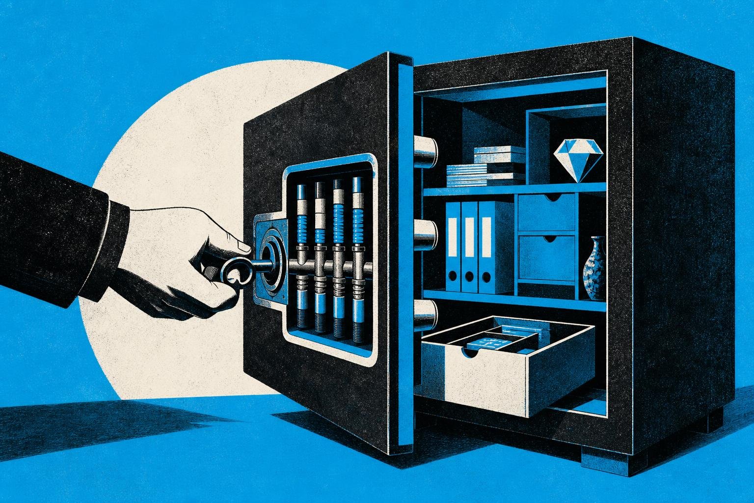 A locksmith's hand twists a key inside a safe's mechanism, but the lock's internal pins rearrange themselves, swinging the door open to reveal hidden compartments.