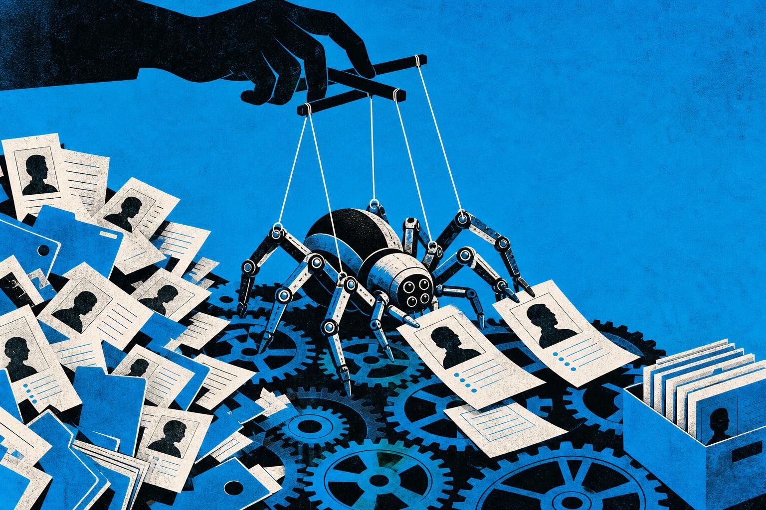 A shadowy hand puppeteers a mechanical spider that crawls through networked gears, unraveling and rewiring employee records scattered like scattered papers in its wake.