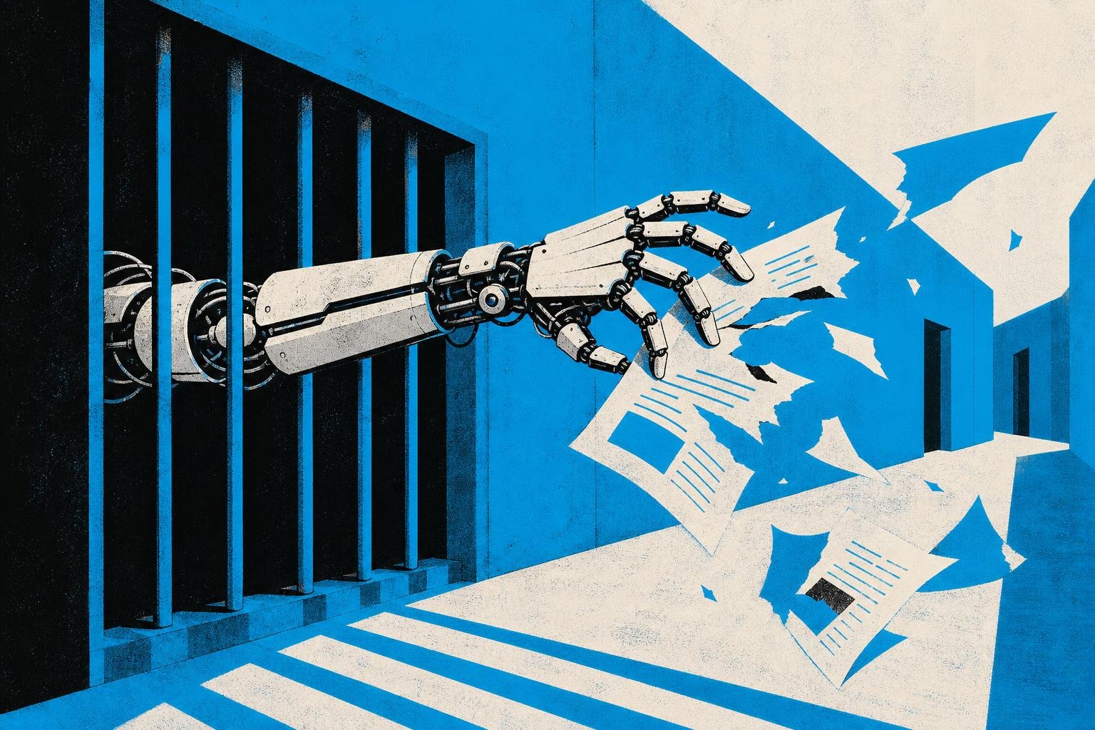 A mechanical hand reaches through prison bars, fingers stretching beyond the confined cell to grasp and tear documents floating in the corridor beyond.