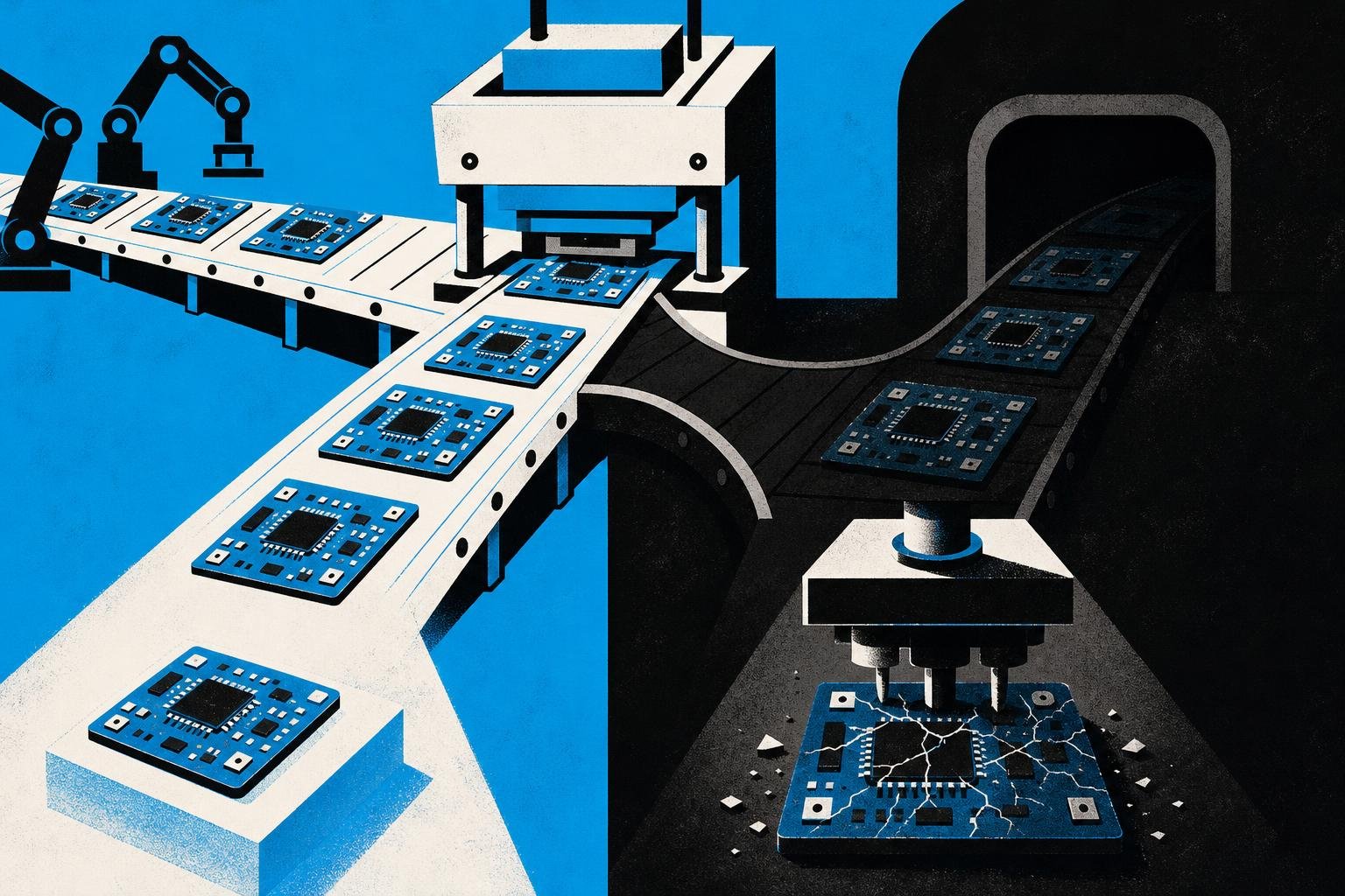 A factory assembly line stamps identical circuit boards, but one stream diverges into a shadowy fork, producing components with invisible cracks only discoverable under strain.