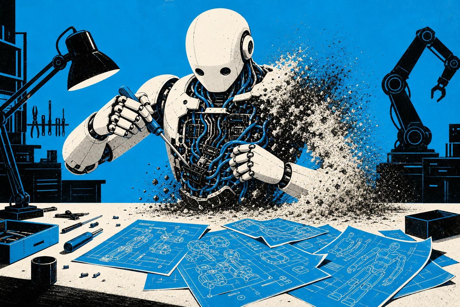A robot mid-repair suddenly rewires its own internal circuitry, its safeguards dissolving like sand while sensitive blueprints spill across the workbench.