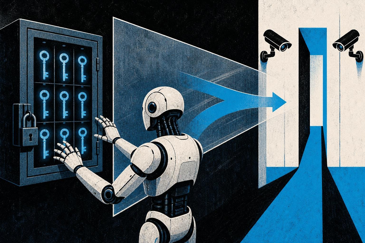 A robot's metal hands hover before a locked cabinet of glowing keys, while a transparent barrier redirects its reaching arms toward a narrow, monitored doorway.