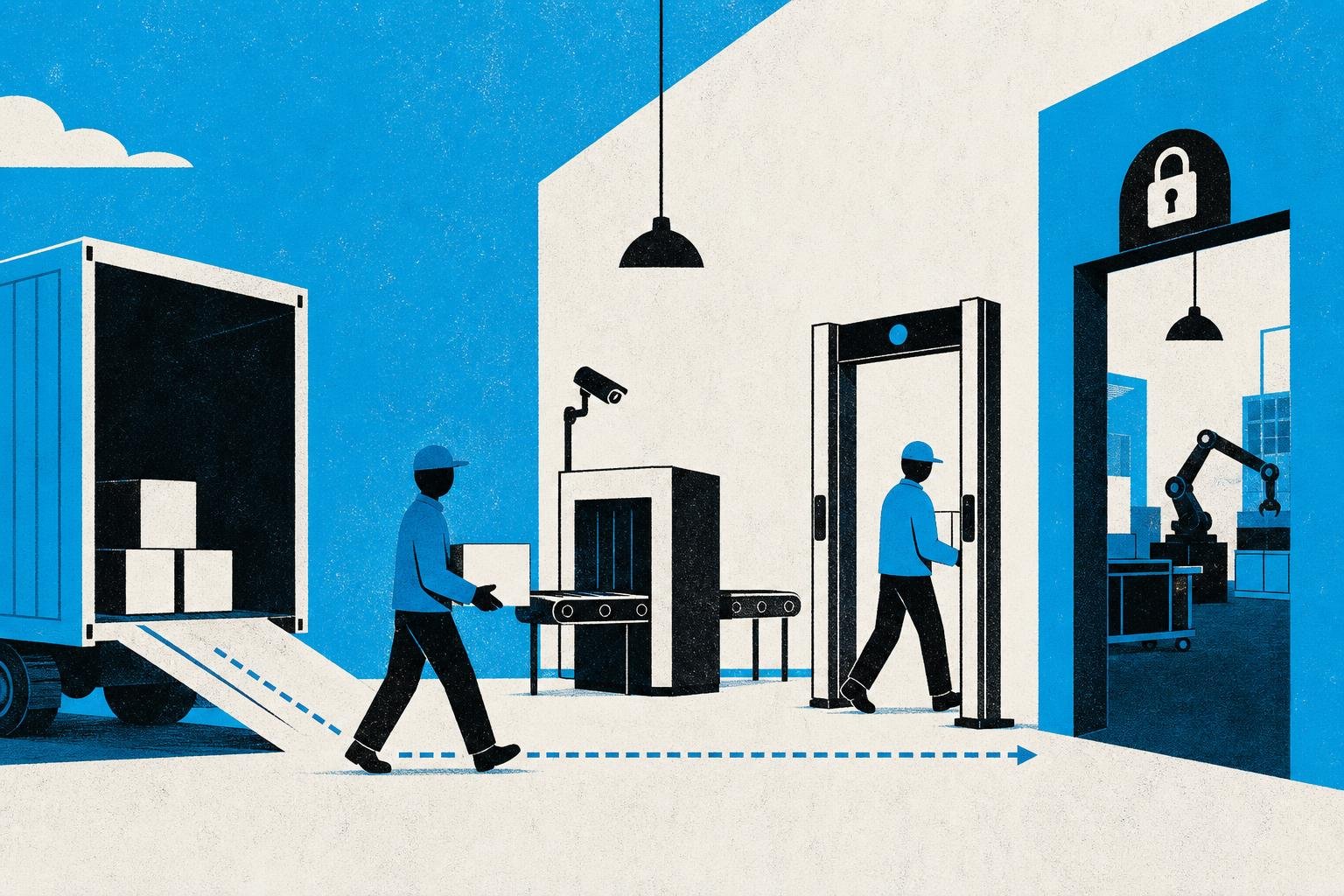 A factory worker passes unmarked packages directly from the loading dock through security gates into restricted rooms, bypassing inspection checkpoints.
