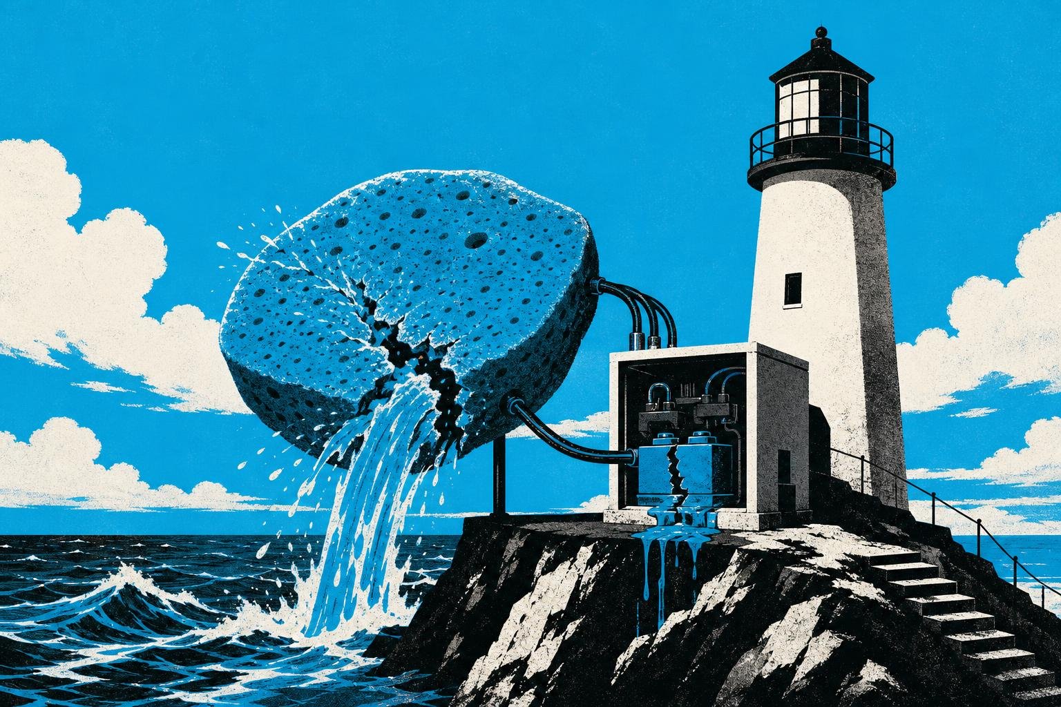 A sponge absorbs seawater endlessly, swelling beyond its limits until it ruptures, draining a lighthouse's power supply.