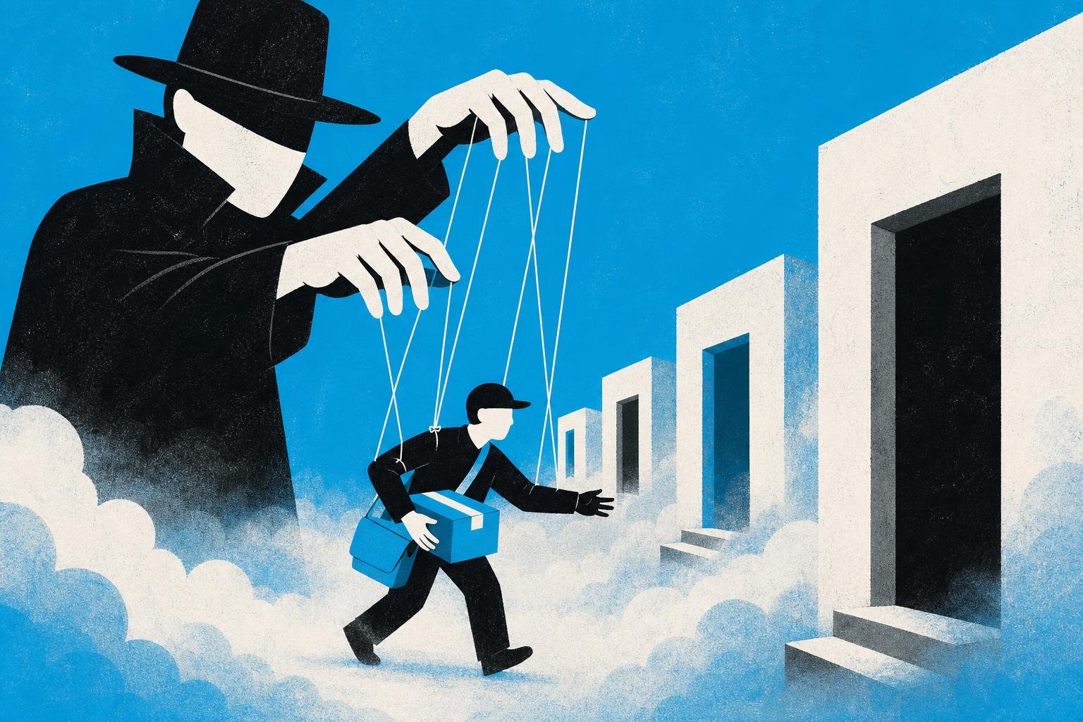 A puppet master yanks invisible strings attached to a messenger's arms, forcing it to fetch packages from unmarked doorways in the fog.