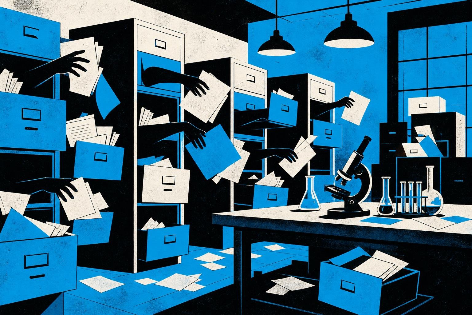 A laboratory filled with open filing cabinets, their drawers hanging loose while shadowy hands reach through the darkness, pulling documents freely from unguarded shelves.