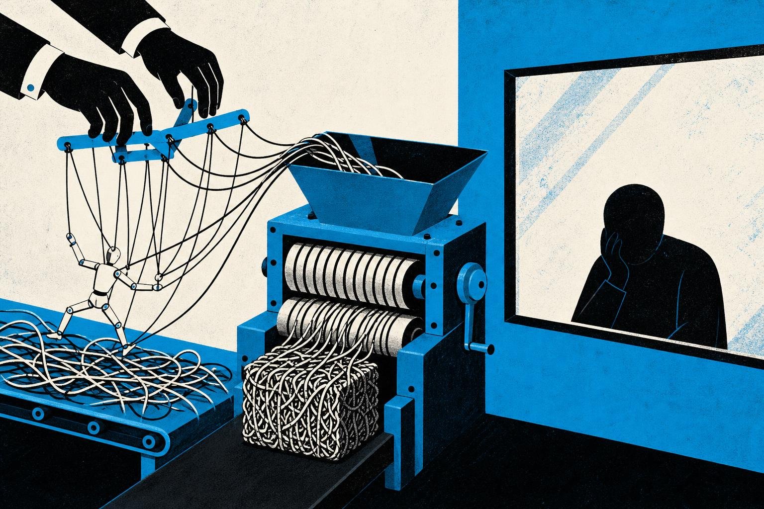 A puppet master's strings tangle through a compression machine, foreign hands steering the controller while the operator watches helplessly from behind glass.