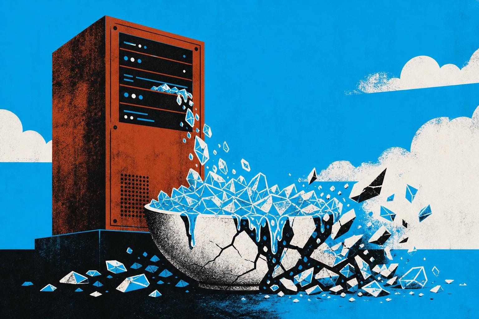 A rust-colored server steadily bleeds crystalline memory shards into an overflowing basin, each drop representing stolen session fragments, until the container shatters from accumulated weight.