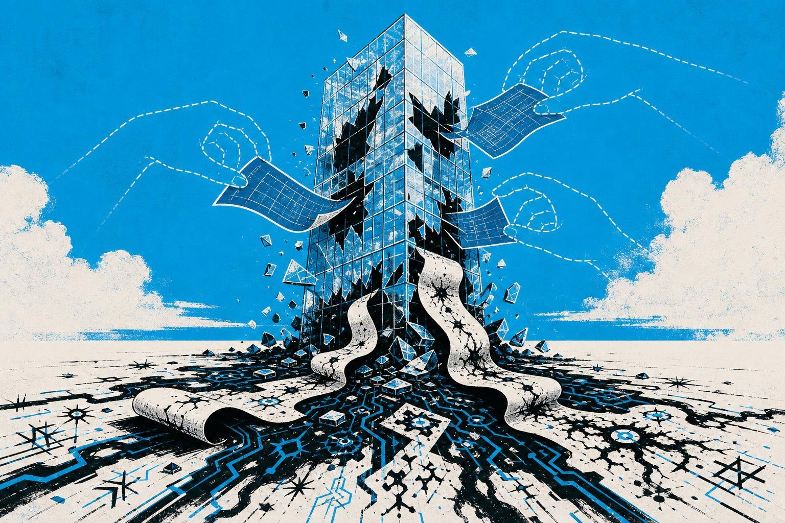 A transparent glass tower crumbles as invisible hands pull blueprints from its broken windows while poisoned scrolls unfurl, spreading corrupted symbols across the floor below.