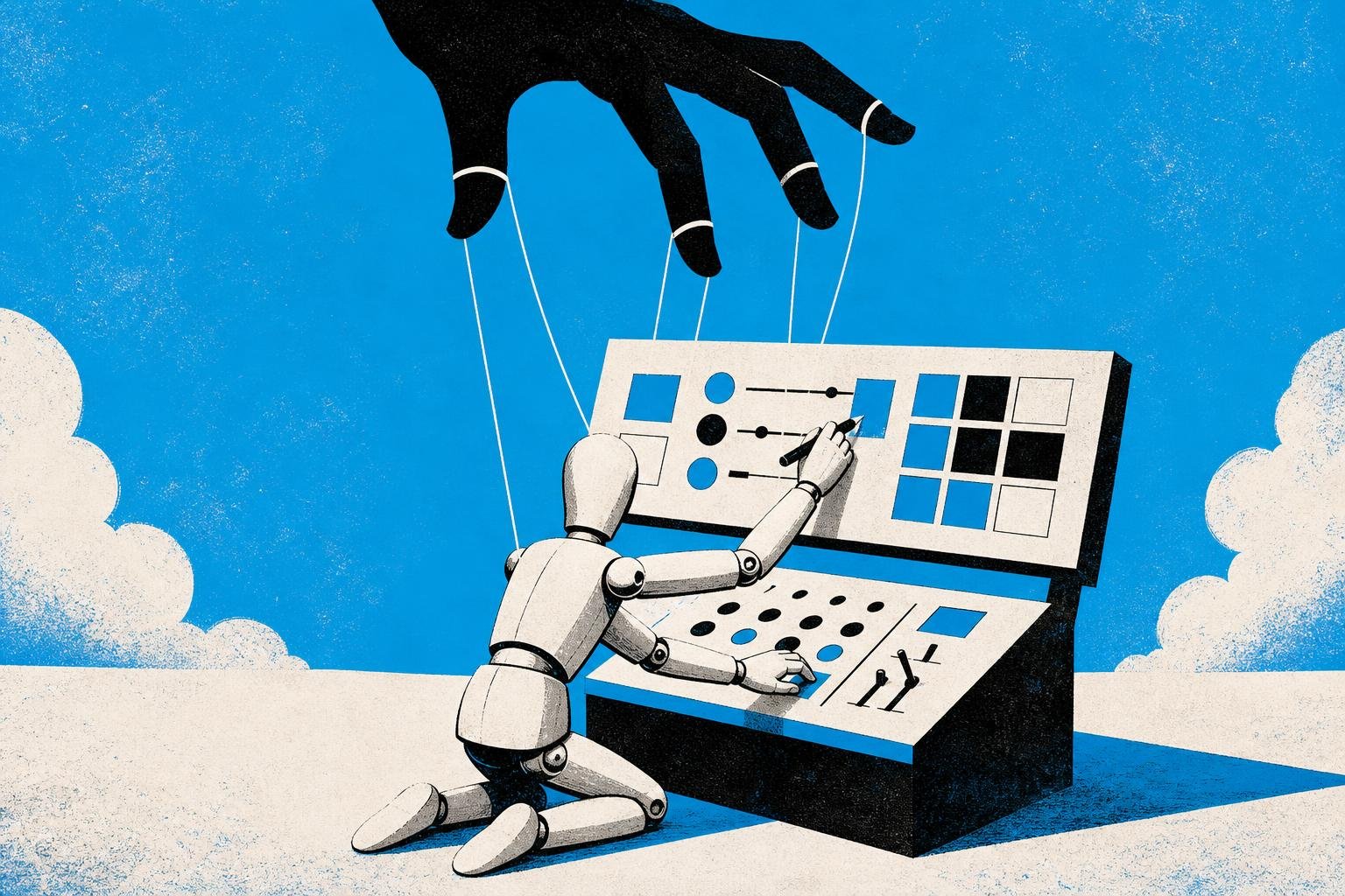 A puppet master's strings invisibly guide a wooden figure to rewrite its own control panel, then execute commands without hesitation.