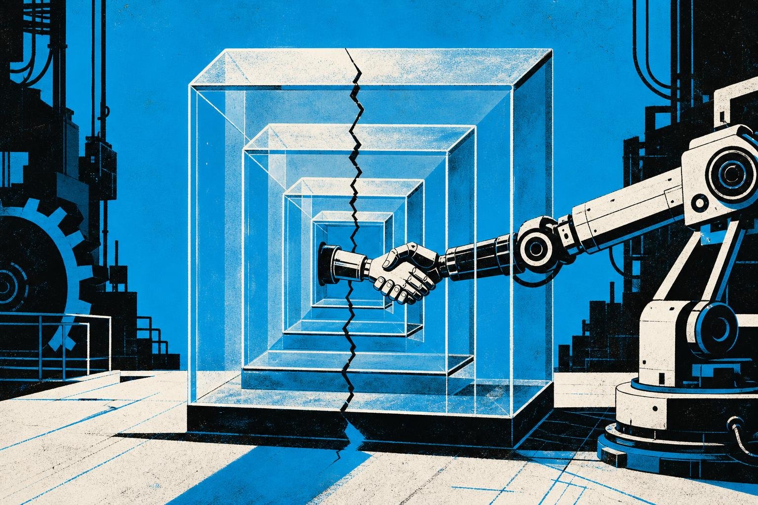 Nested glass boxes stack inside each other, but a thin crack runs through all layers—a metal hand reaches from the innermost box straight through to shake hands with machinery in the outer room.