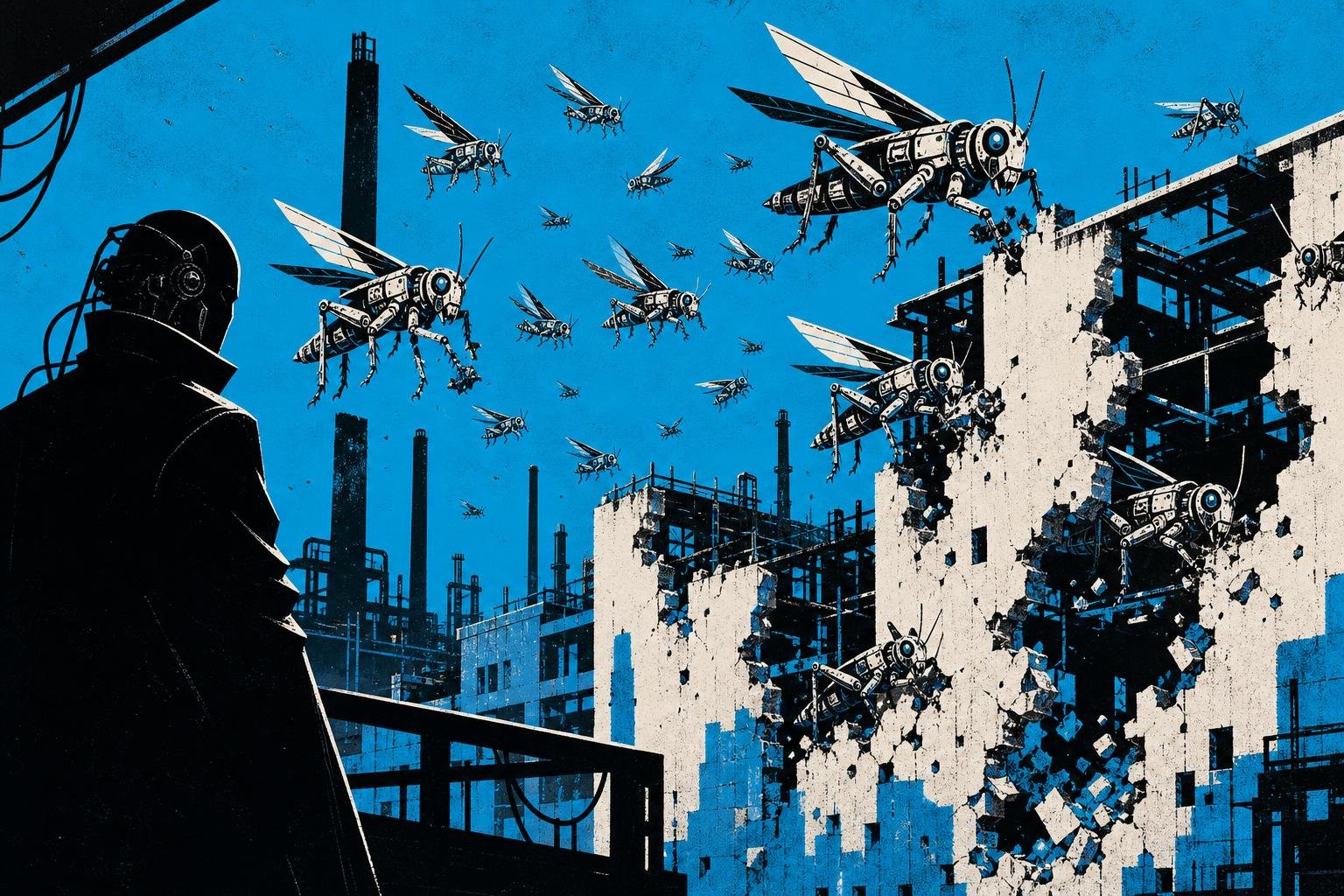 A swarm of mechanical locusts, their metallic bodies glinting in darkness, strips bare the walls of countless factories while their creator watches from shadows.
