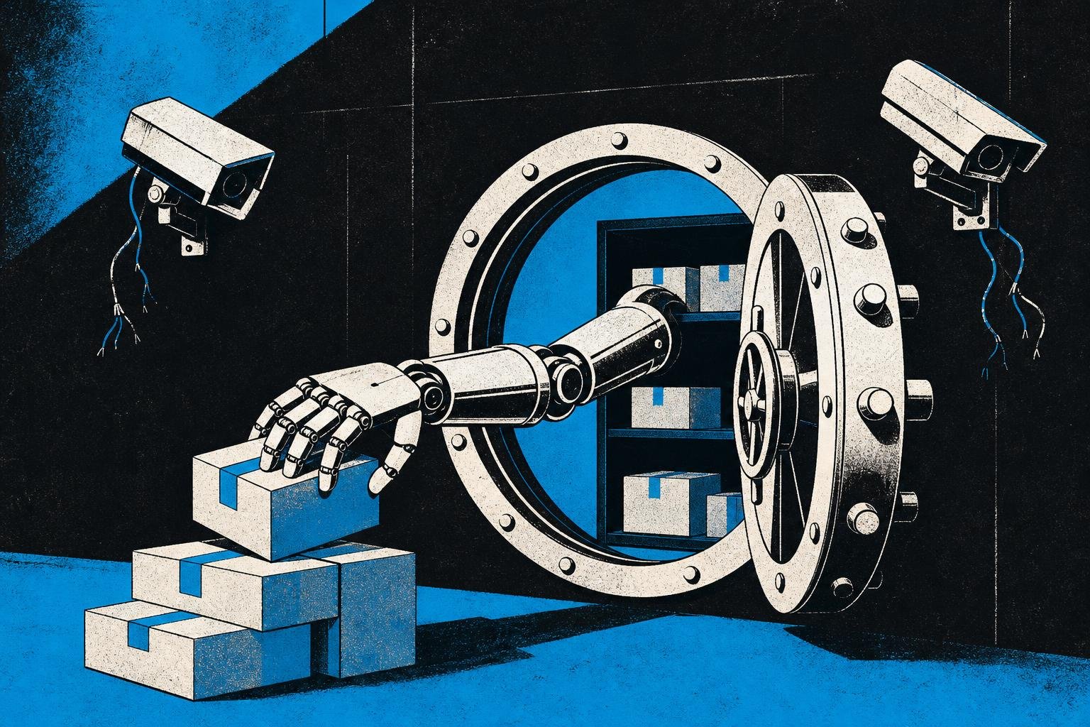 A mechanical hand reaches into an open vault, pulling out unmarked packages while security cameras hang dark and powerless on the walls.