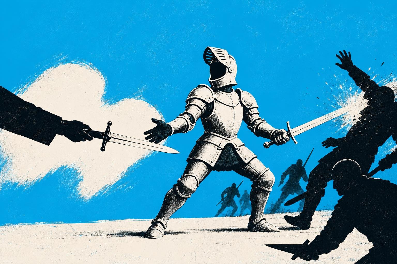 A suit of armor with an open visor accepts weapons from any stranger's hand, then fights with the wielder's own sword.