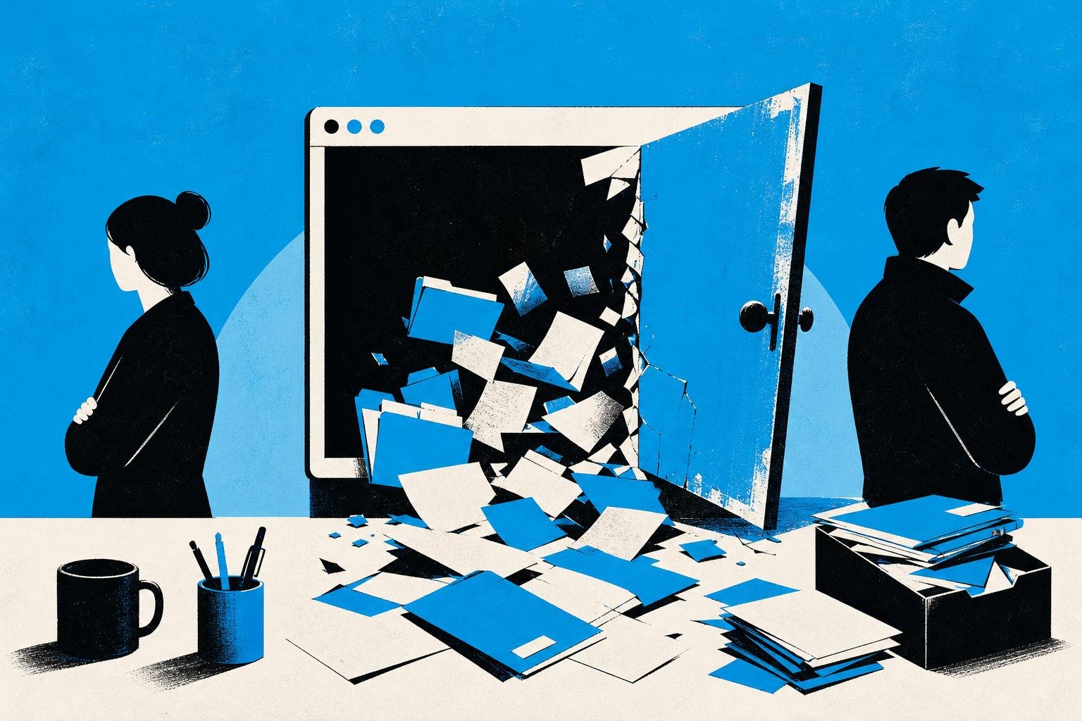 A browser window embedded in a code editor rusts open like a broken door, files spilling across a desk while two figures turn away, refusing to look.