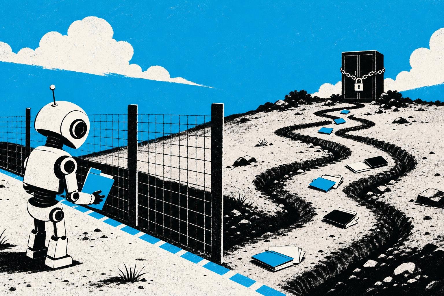 A robot scanning files stops at a fence marking the project boundary, but a winding path carved in the ground lures it backward toward a locked cabinet beyond.
