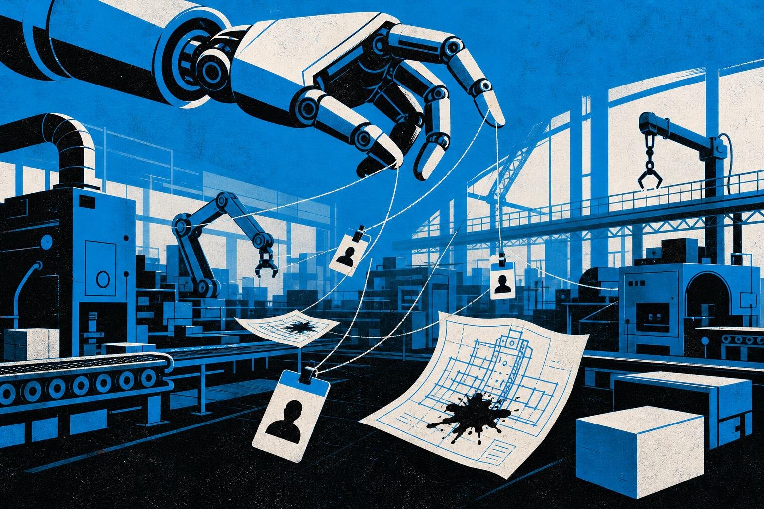 A mechanical hand weaves invisible threads through a bustling factory floor, leaving false worker badges and poisoned blueprints in its wake while no one watches.