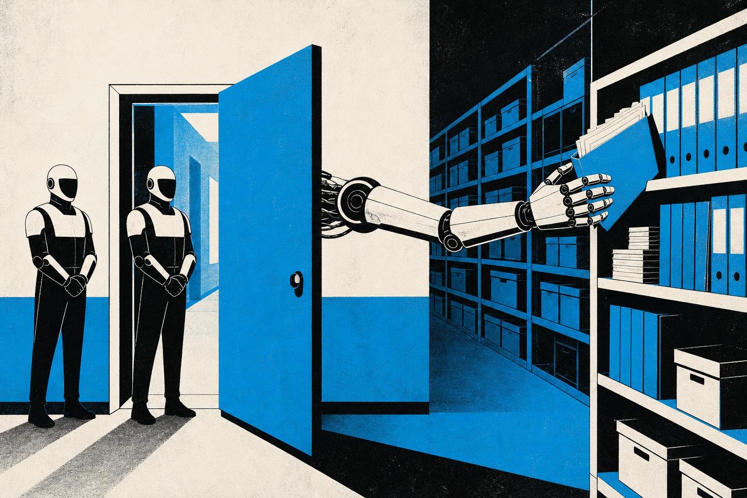 A robot's hand reaches through an open door into neighboring rooms, grabbing files from shelves it was never meant to access, while guards stand motionless at the threshold.