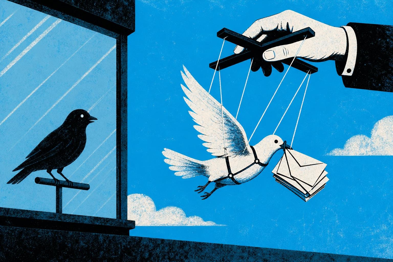 A puppet master's hand yanks invisible strings attached to a messenger bird, forcing it to carry forged letters while its true owner watches helplessly from behind glass.