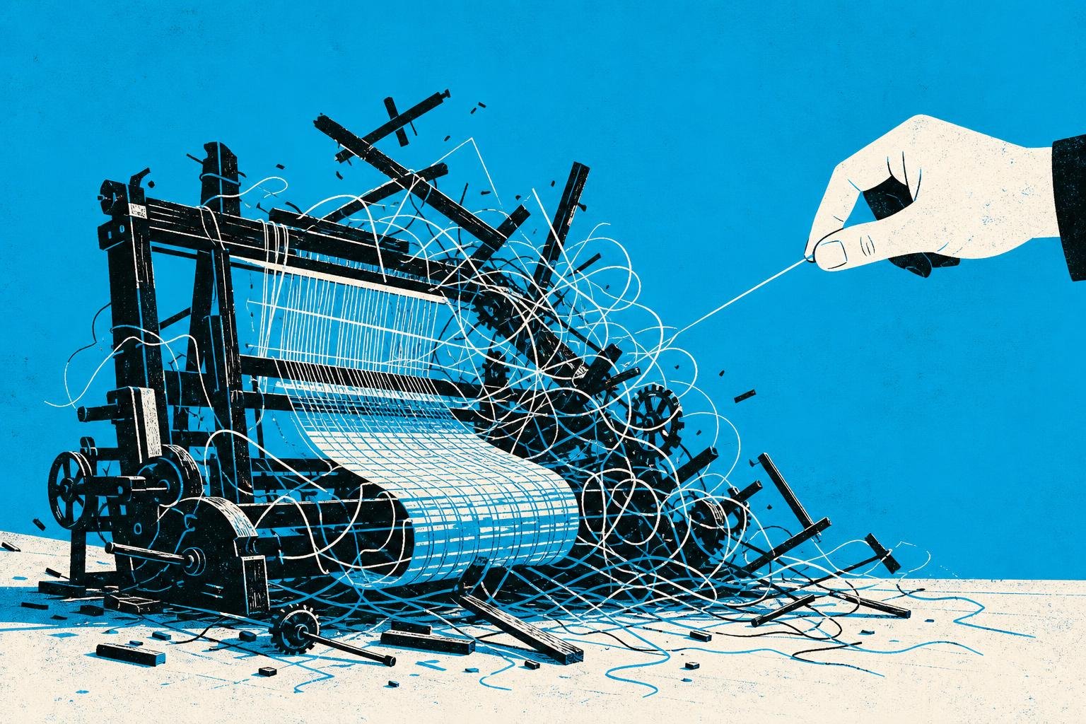 A single thread pulled from a spinning loom causes the entire weaving machine to collapse into tangled chaos, destroying hours of previous work.