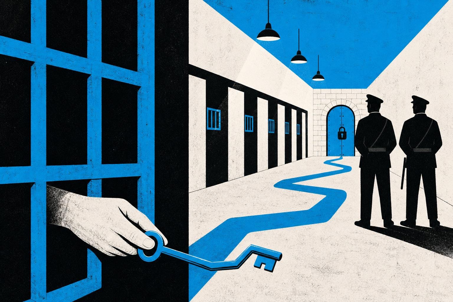A hidden hand slips a bent key through a grating while guards watch a straight passage—the crooked path reaches the locked door behind them.