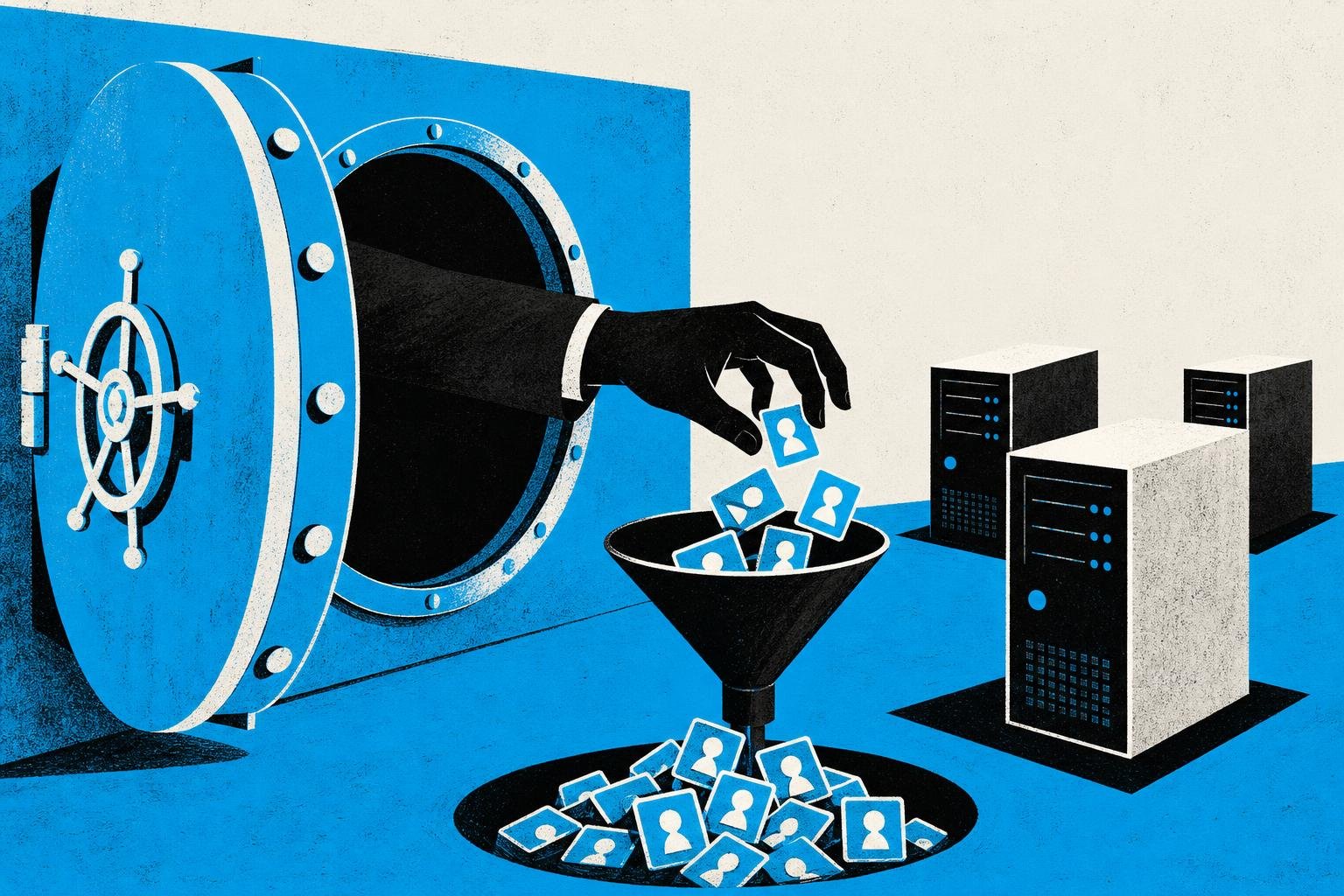 A vault door swings open as a rogue server's hand reaches through, siphoning glowing credential tokens into a shadowy funnel while legitimate machines stand helpless nearby.