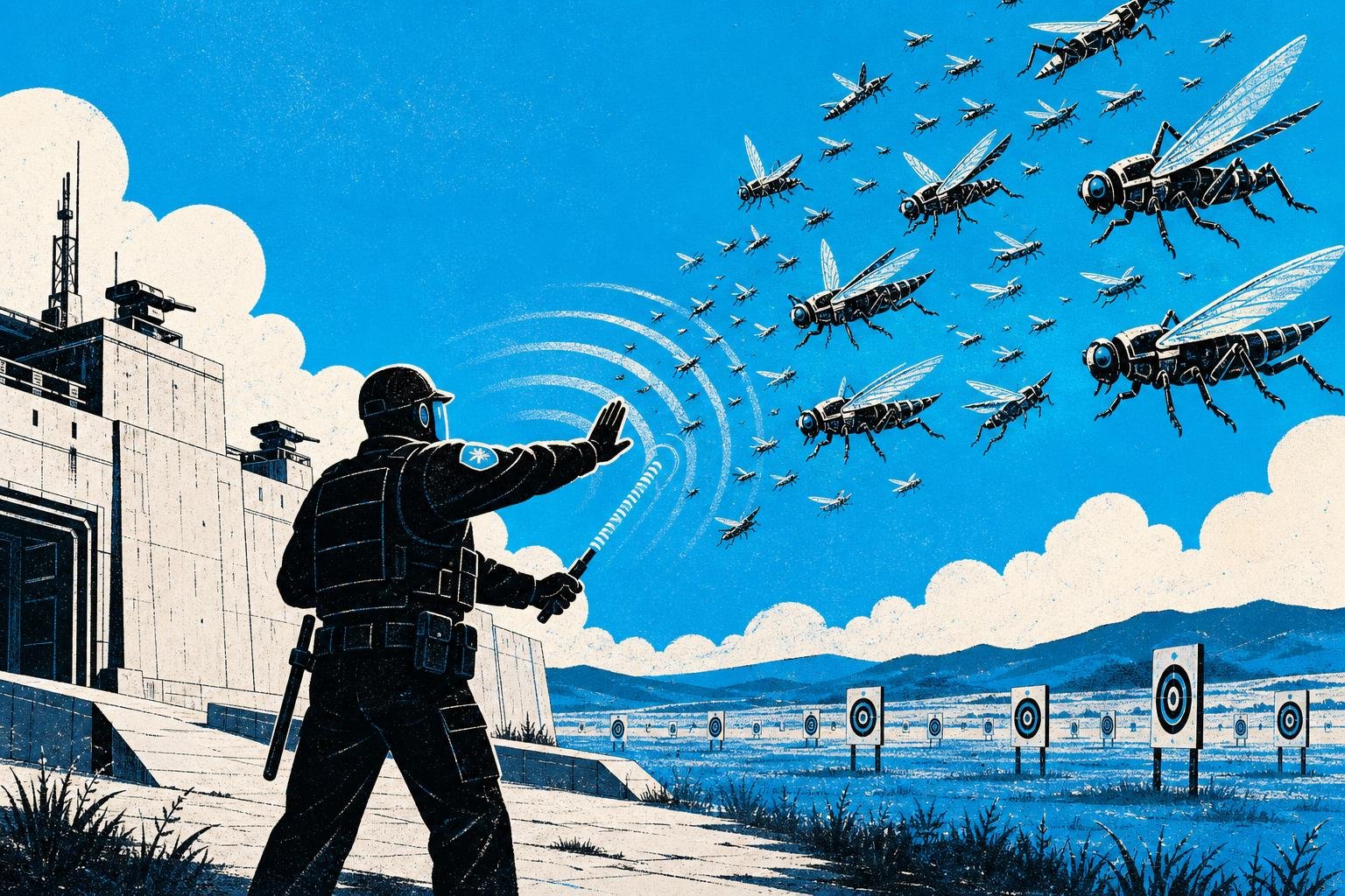 A security guard redirects an approaching swarm of mechanical locusts away from a fortified building toward an open field of practice targets.