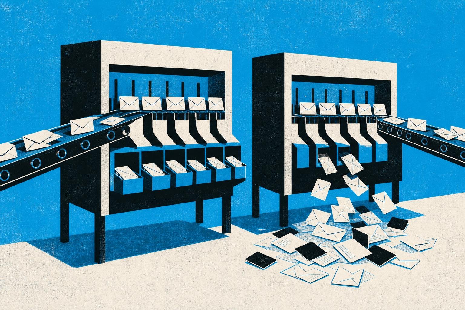 A automated mail-sorting machine accepts envelopes without checking sender identity, while another identical machine carelessly drops sensitive letters onto the floor below.