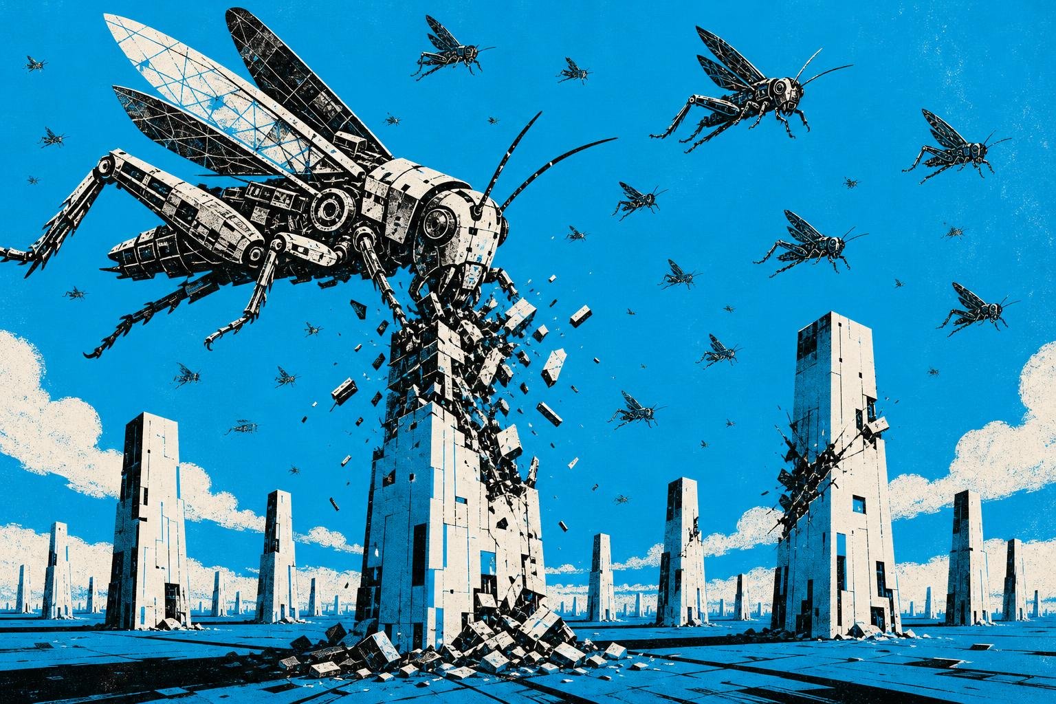 A swarm of mechanical locusts, built from scrap metal, descends on a field of glowing towers, devouring one whole structure while merely scratching others.