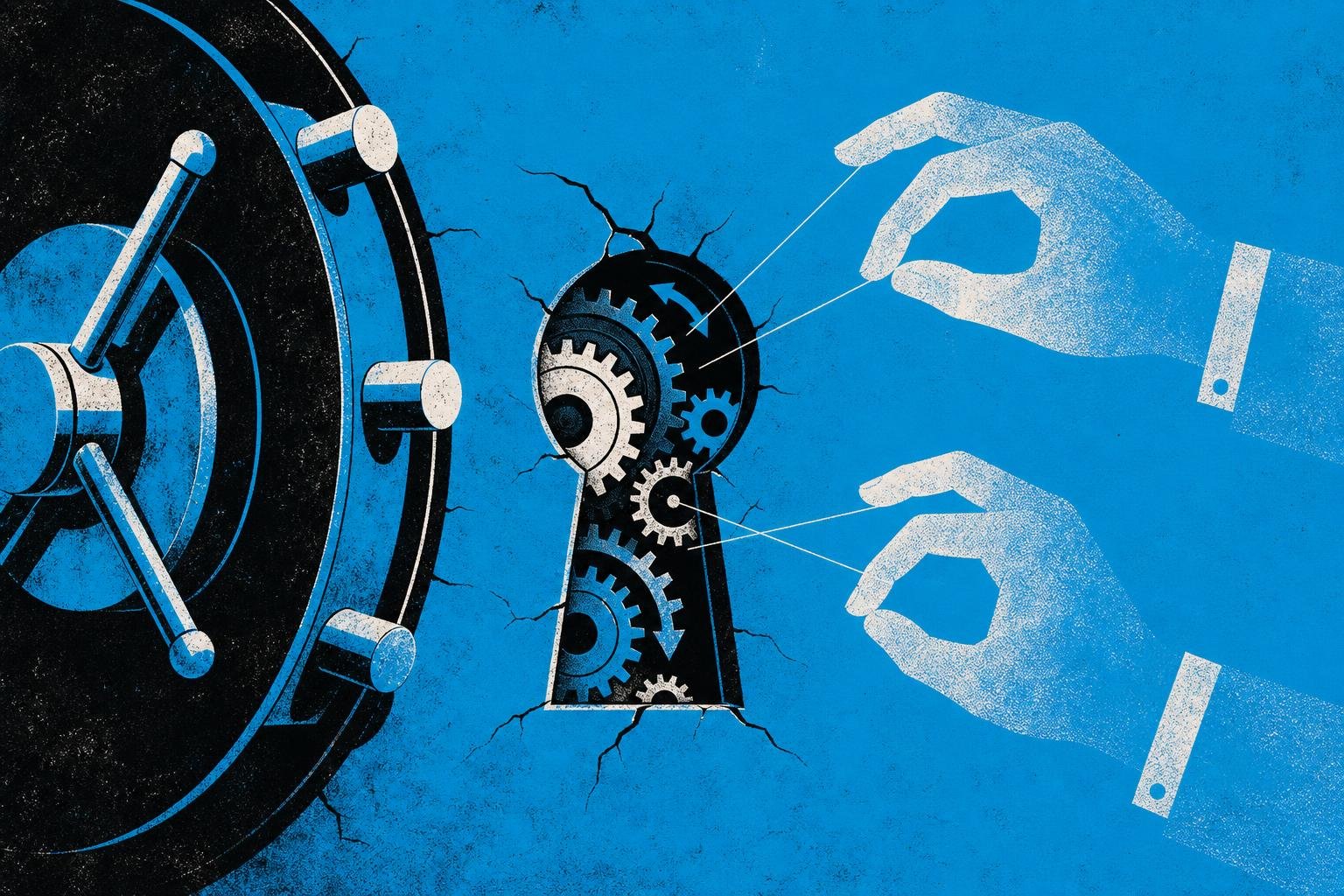 A keyhole-sized crack in a metal vault's door reveals gears spinning backward as invisible hands manipulate the internal mechanisms from outside.