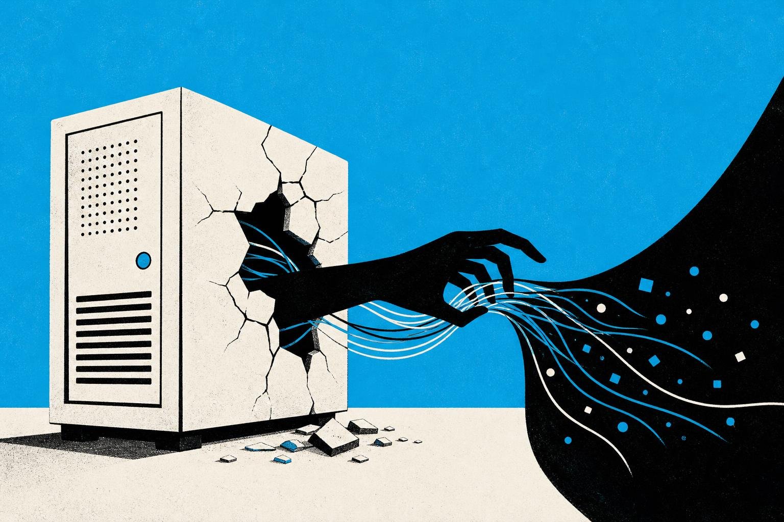 A shadowy hand reaches through a cracked machine, silently siphoning glowing threads of data—session tokens, keys, secrets—into a dark void while the device remains oblivious.