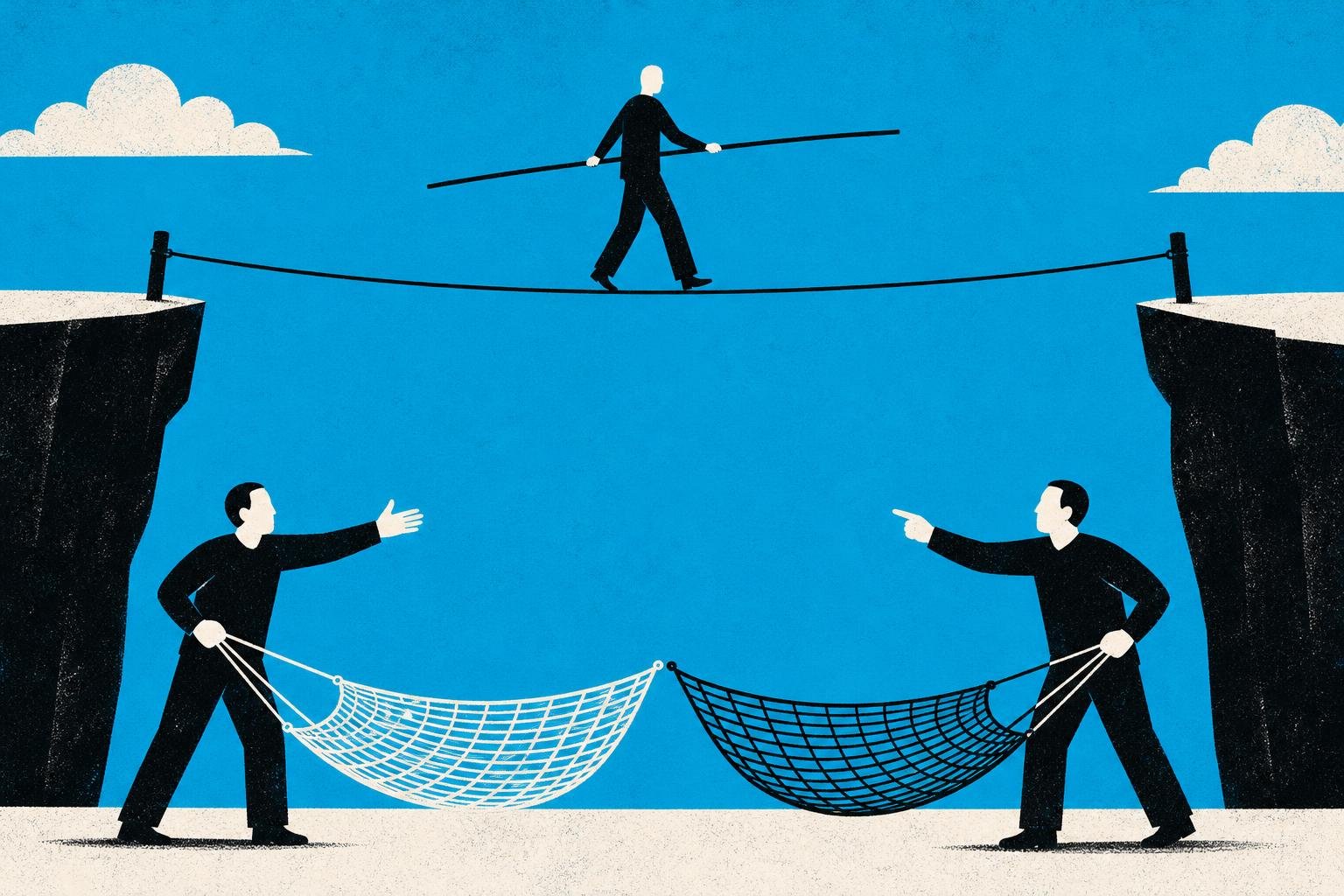 A tightrope walker balances precariously while two handlers below argue over which net catches them if they fall.