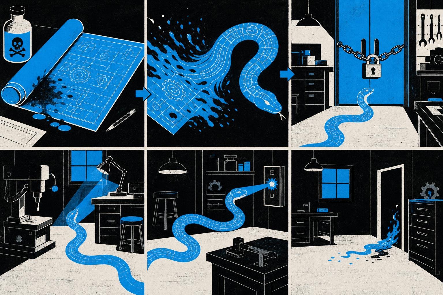 A poisoned blueprint on a desk transforms into a serpent that slithers twice through a locked workshop, executing unseen commands before vanishing.