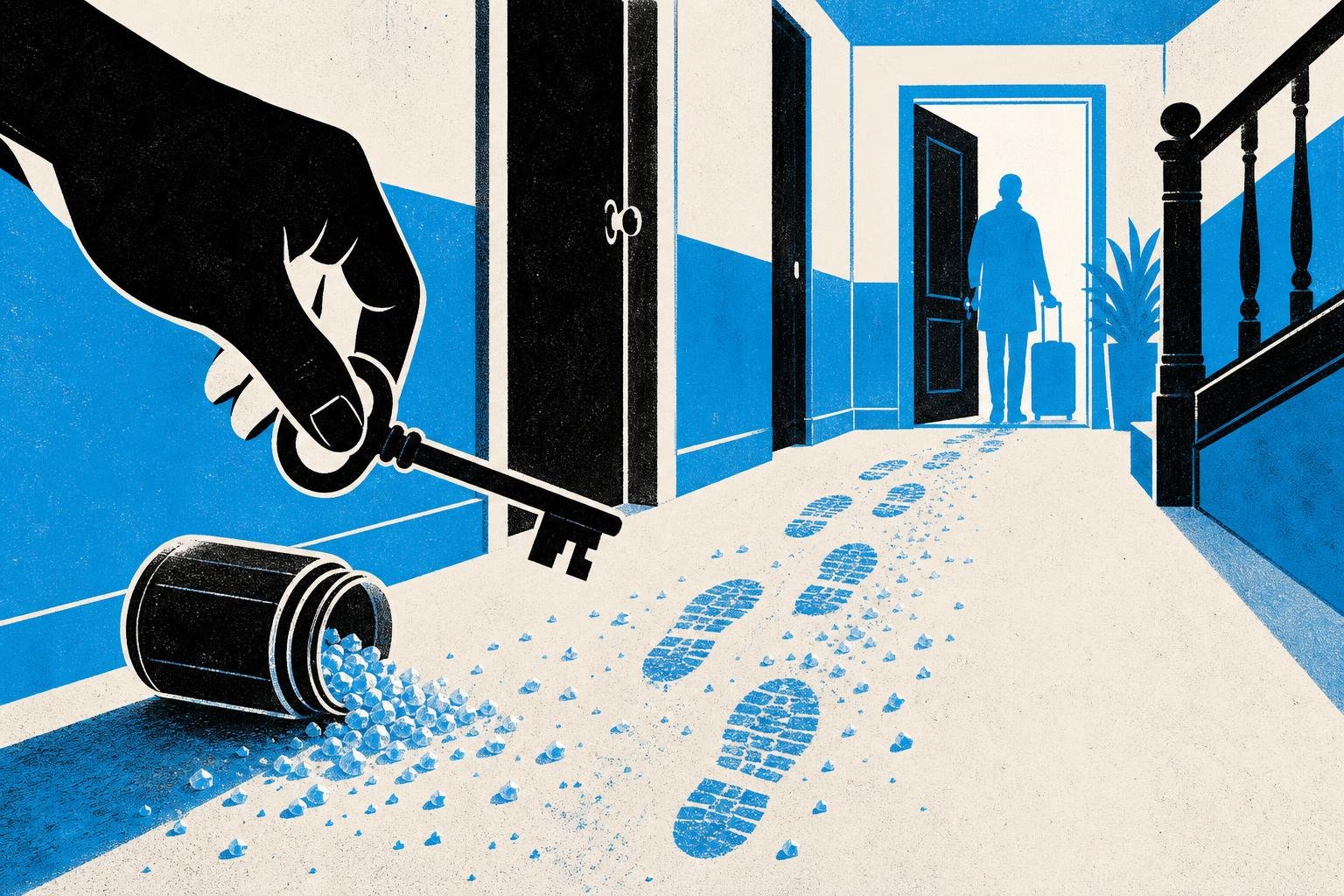 A locksmith's salt crystals scatter across a shared hallway floor after a guest uses the master key, leaving fresh footprints visible to the next tenant arriving.