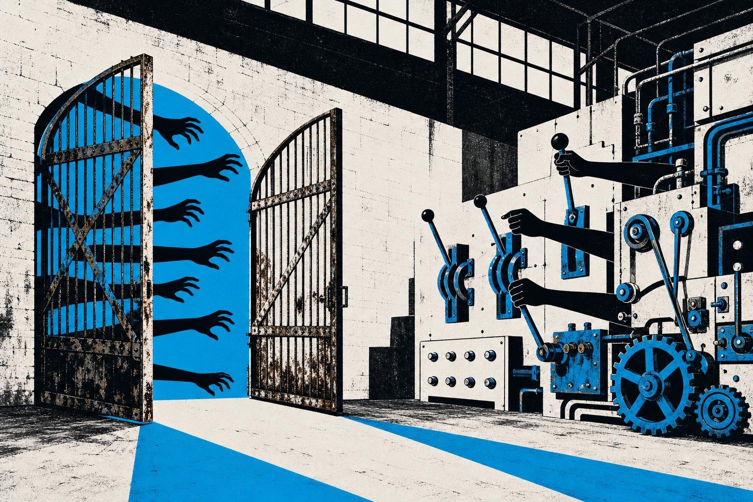 A rusted gate swings open in an empty warehouse as shadowy hands reach through, pulling levers on exposed machinery that obeys every command without question or resistance.
