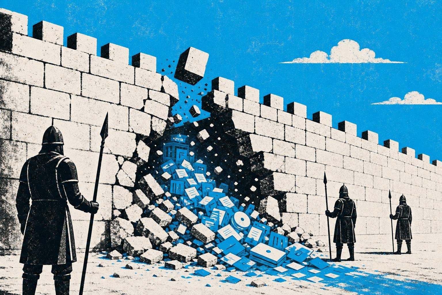 A fortress wall crumbles as a single misplaced stone tumbles free, spilling open the vault beneath while guards stand frozen, unable to close the breach.