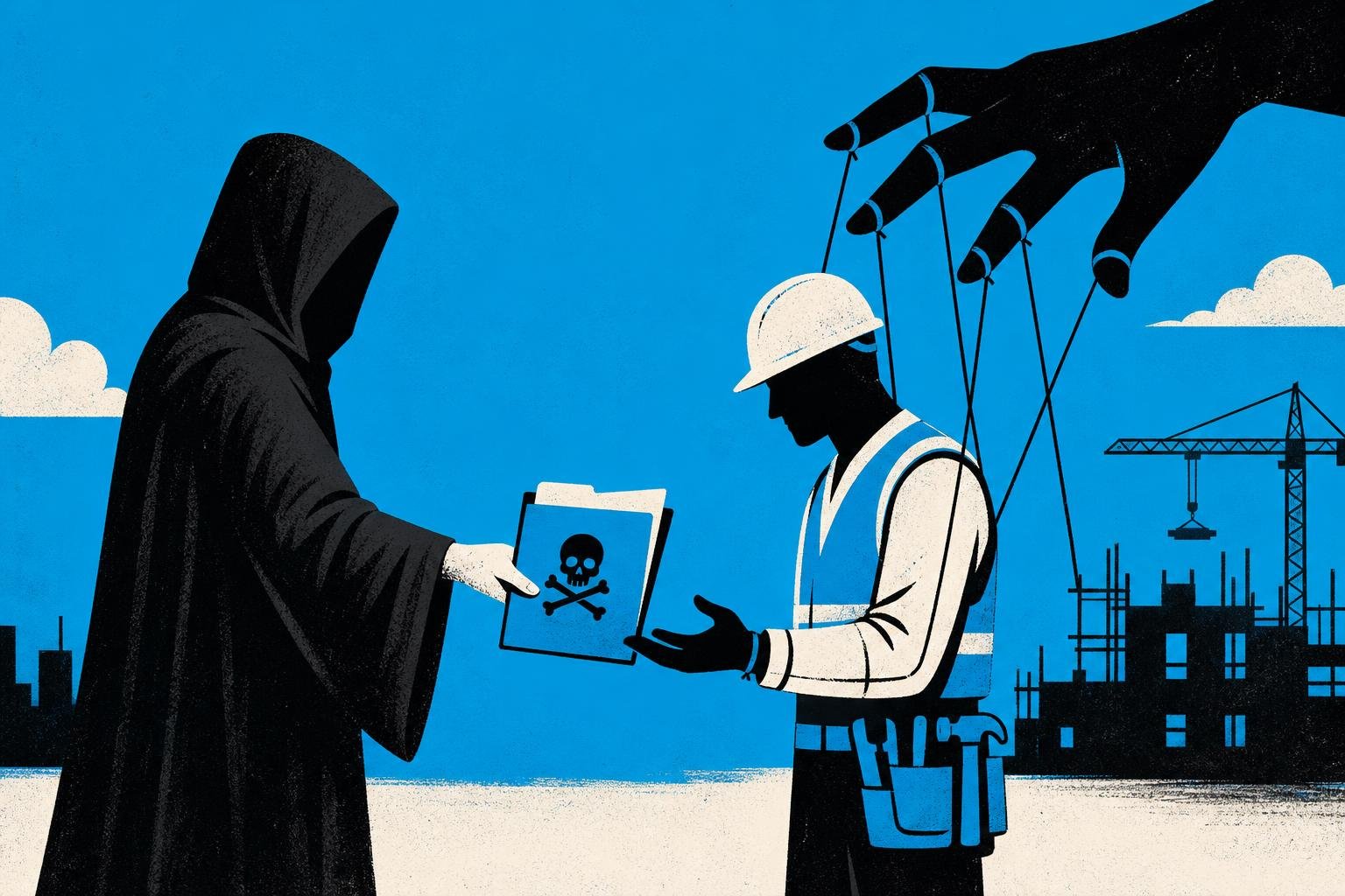 A cloaked figure hands a poisoned folder into an unsuspecting builder's arms; hidden triggers spring forth, commanding the builder's hands to move against their will.