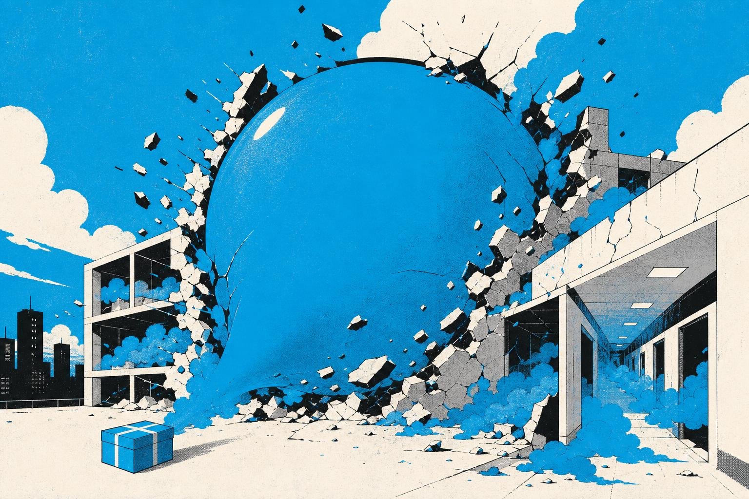 A tiny sealed box expands violently into an enormous balloon, bursting through walls and flooding corridors with invisible gas until the building collapses.
