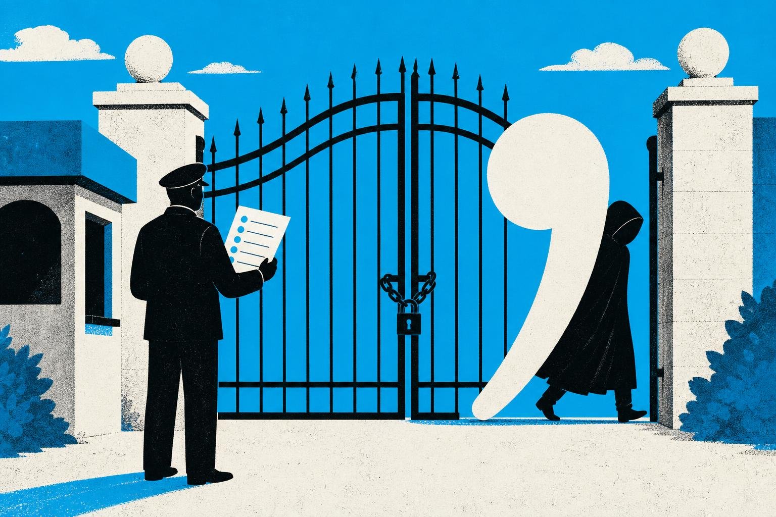 A guard stands before a locked gate holding a list of approved visitors, but a cloaked figure slips through by hiding behind a punctuation mark the guard failed to notice.