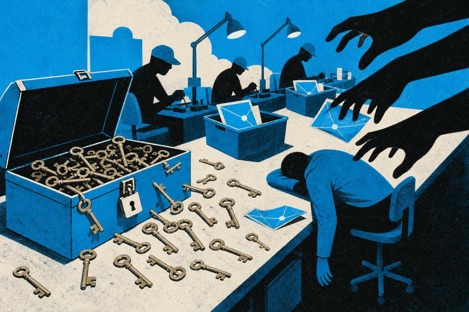 A locked toolbox springs open, spilling brass keys across a workbench while shadowy hands grab messages meant for neighboring stations, one worker collapsing mid-task.