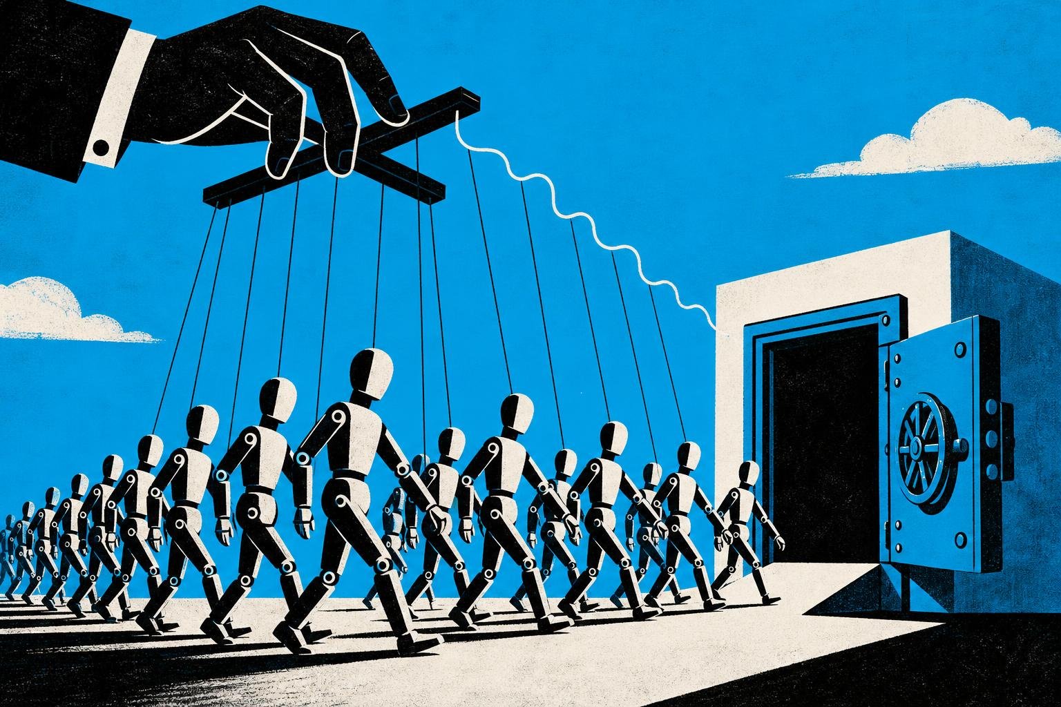 A puppet master's single thread unravels, causing an entire army of marionettes to dance in lockstep toward an open vault.