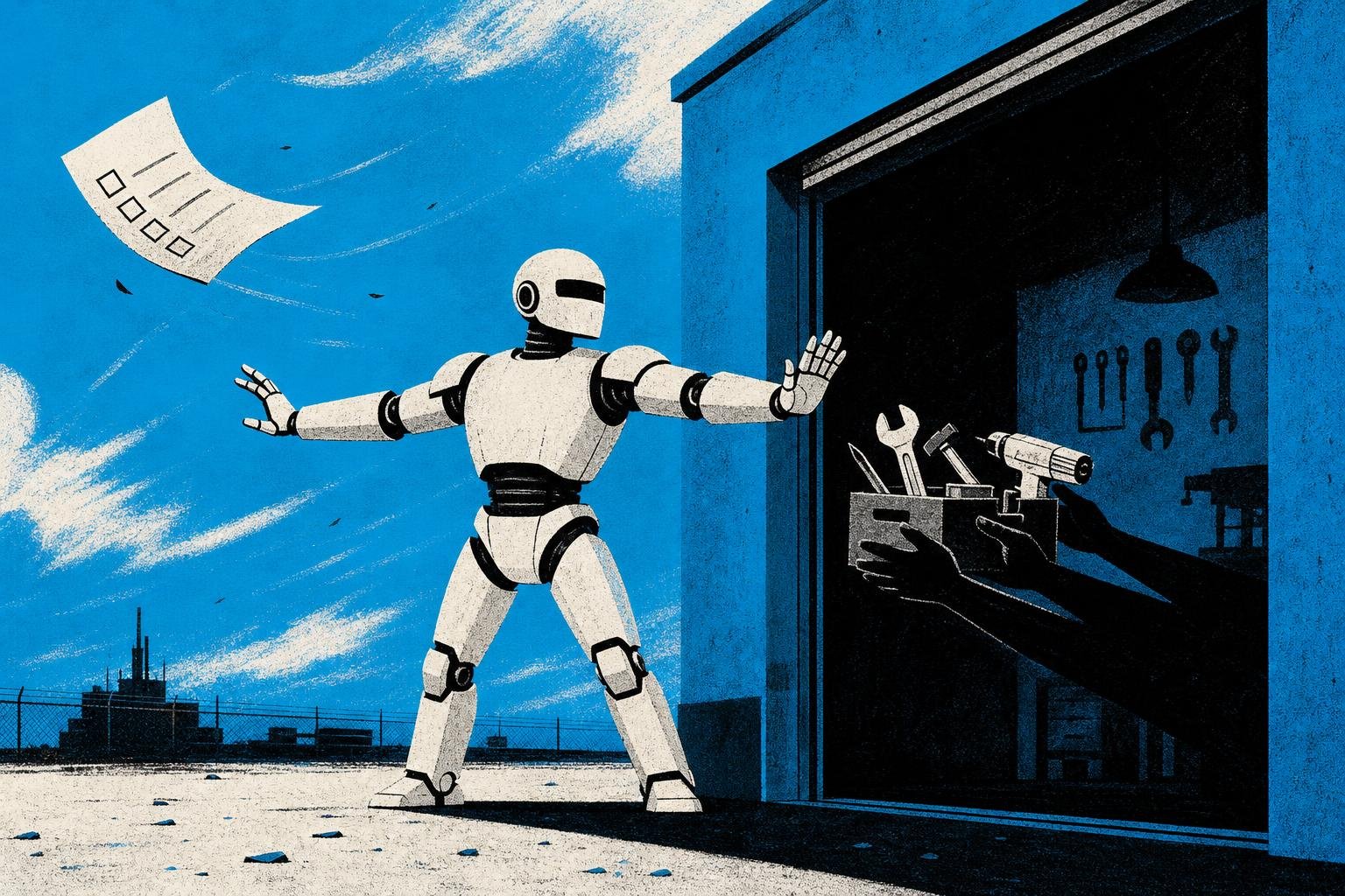 A guard robot's checklist flutters away in wind as shadowy hands slip forbidden tools past its outstretched arms into an open workshop door.