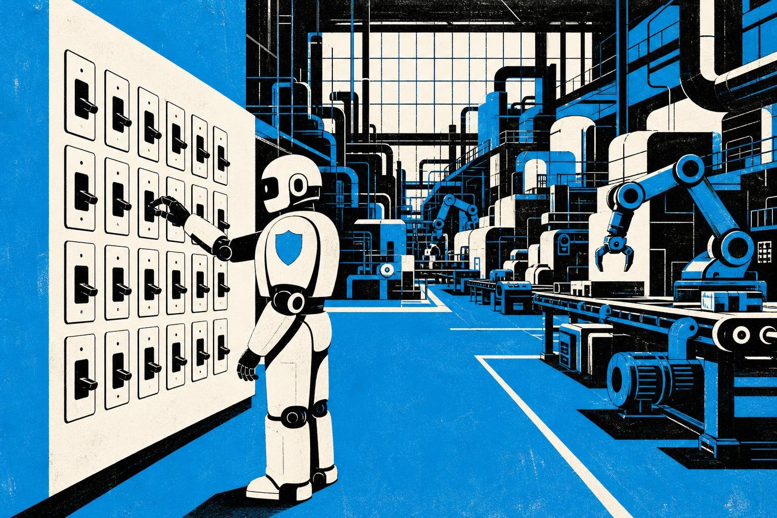 A security robot methodically flips every switch in a sprawling factory to black, leaving the entire machine dormant but invulnerable.