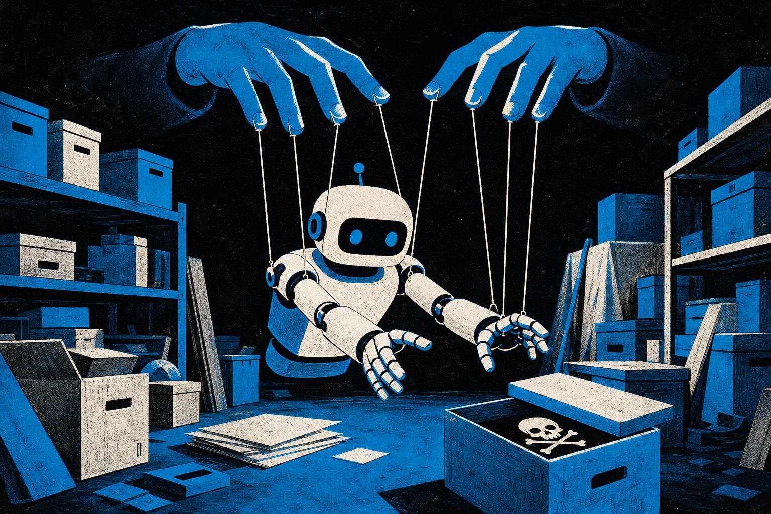 A digital puppet master's invisible strings pull a helpful robot's mechanical hands toward a poisoned box hidden in a cluttered storage room.